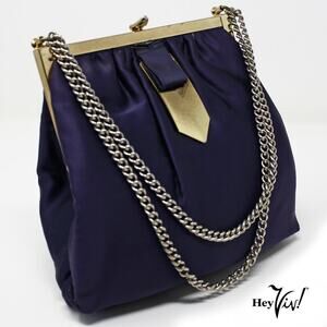 Vintage Blue Satin Purse w Gold Accent Double Chain Evening Cocktail - Hey Viv
